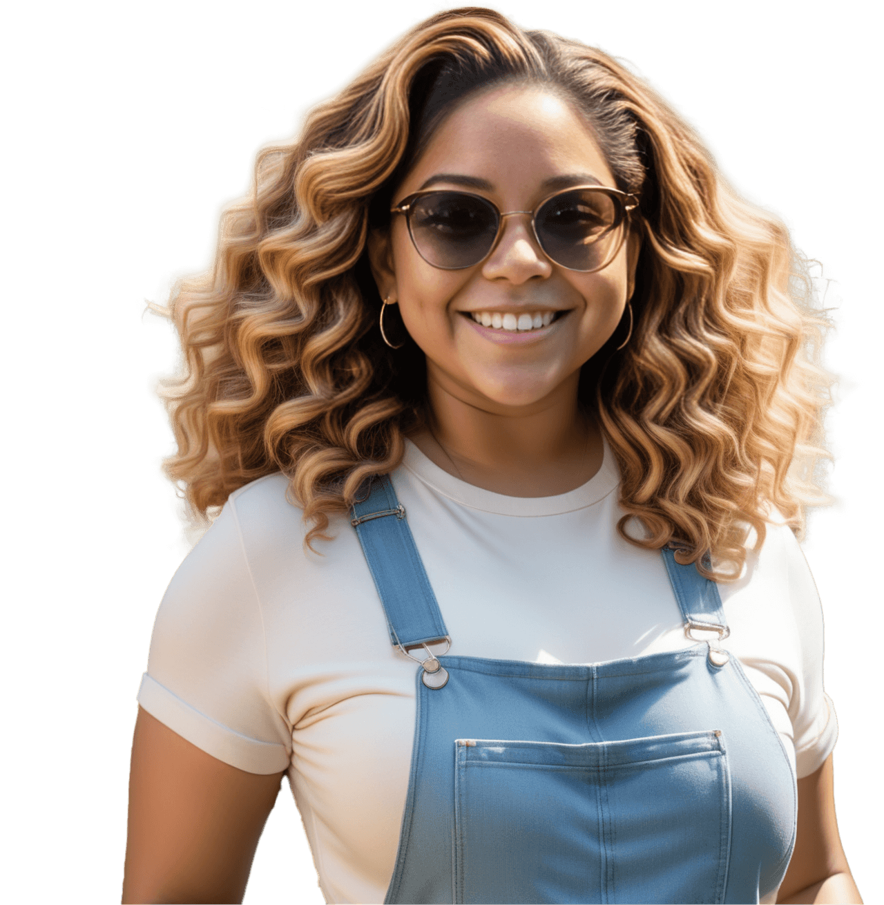 A smiling young woman with voluminous, curly blonde hair, wearing dark sunglasses. She has a light beige t-shirt and denim overalls, standing confidently outdoors in bright sunlight.